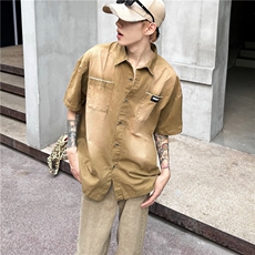 短袖衬衫男夏季新款美式复古高街衬衣小众设计感潮流上衣，男装衬衫，星座716-2