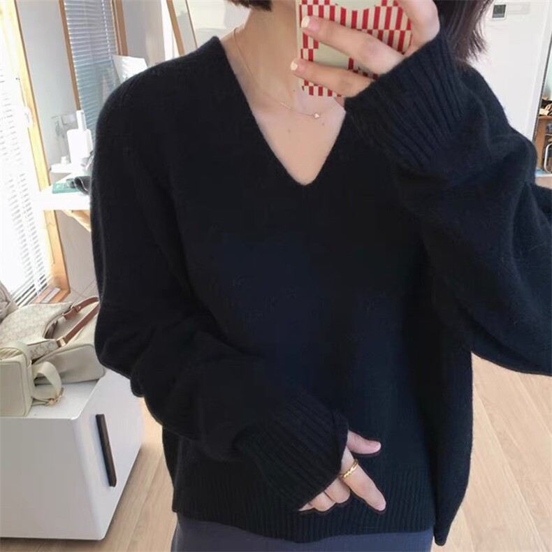 V领简约气质女套头毛衣秋冬洋气宽松羊毛针织打底衫图片