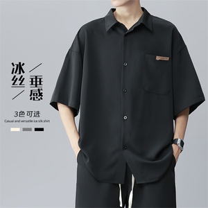 特批P30无差价夏季透气薄款冰丝短袖男垂感休闲痞帅大码衬衫CD865,长款藏蓝色大衣怎么搭配衣服图片