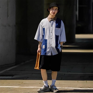 夏季日系潮牌学院风短袖拼接衬衣休闲宽松翻领衬衫情侣男女~HC10图片