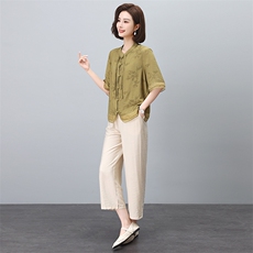 文艺优雅2024夏季新款女装套装宽松显瘦棉麻两件套阔腿裤舒适百搭，女装套装/套裙，凝聚力
