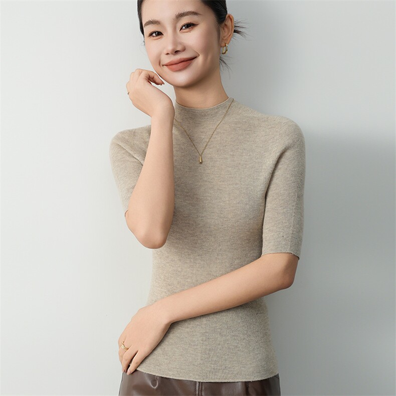 高品质羊毛半高领简约内搭休闲T恤短袖舒适保暖,女装T恤,挚尚羊绒