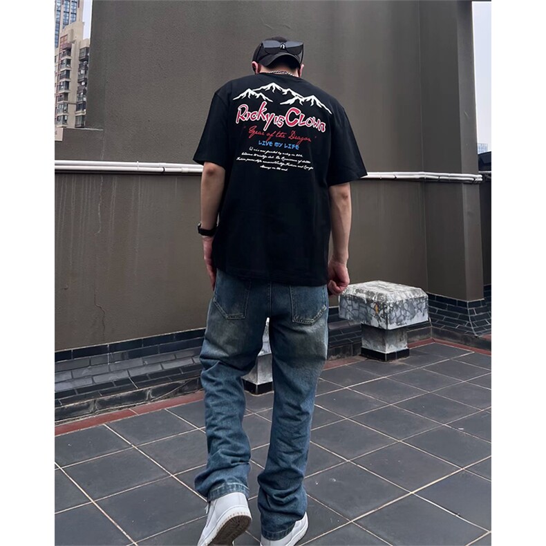 抖音得物210克现货宽松纯棉美式潮牌印花落肩袖纯棉T恤AT21109,男装T恤,电商A443