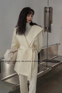 冬季新款 气质简约 澳毛翻领浴袍款短款羊绒大衣,睡衣,BLESS OPEN