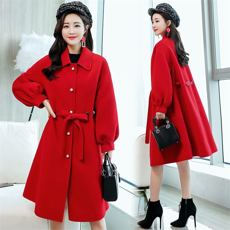 毛呢大衣2024年秋季单排扣红色中长款红色结婚呢子大衣女，女装毛呢外套，天丝秀