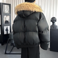 现货三防重磅硬挺boxy短款羽绒棉衣座山雕大毛毛领PU皮棉服外套冬，男装棉衣，电商A443
