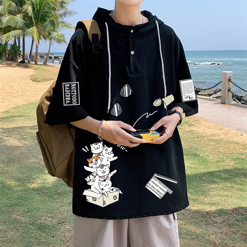 LD54115-P45 连帽短袖t恤男大码胖子带帽五分袖中袖图片