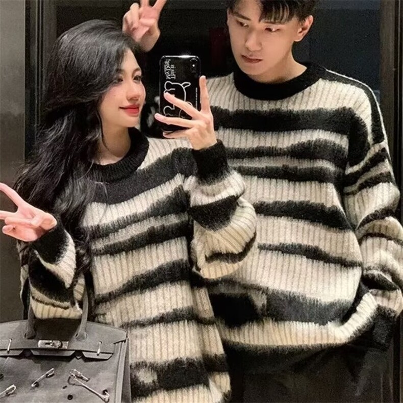 复古斑马纹针织毛衣女冬季外搭宽松慵懒风设计感上衣LA60111-P46，男装针织衫/毛衣，星座1008