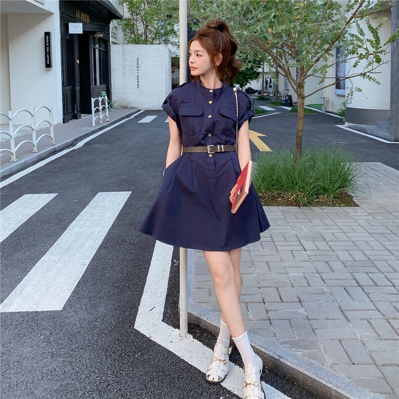 蓝色立领气质工装连衣裙子女2025年夏季新款收腰显瘦小个子A字裙图片