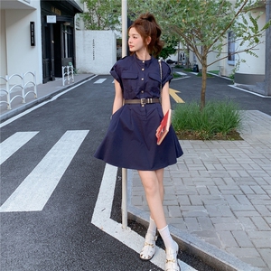 蓝色立领气质工装连衣裙子女2025年夏季新款收腰显瘦小个子A字裙图片