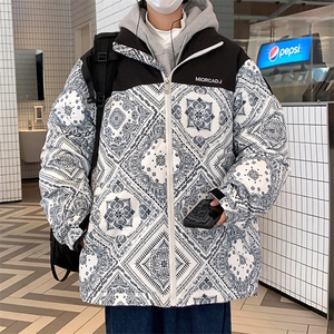 22冬季潮牌拼接色刺绣男女款宽松外套白鸭绒羽绒服男士外套腰果花图片