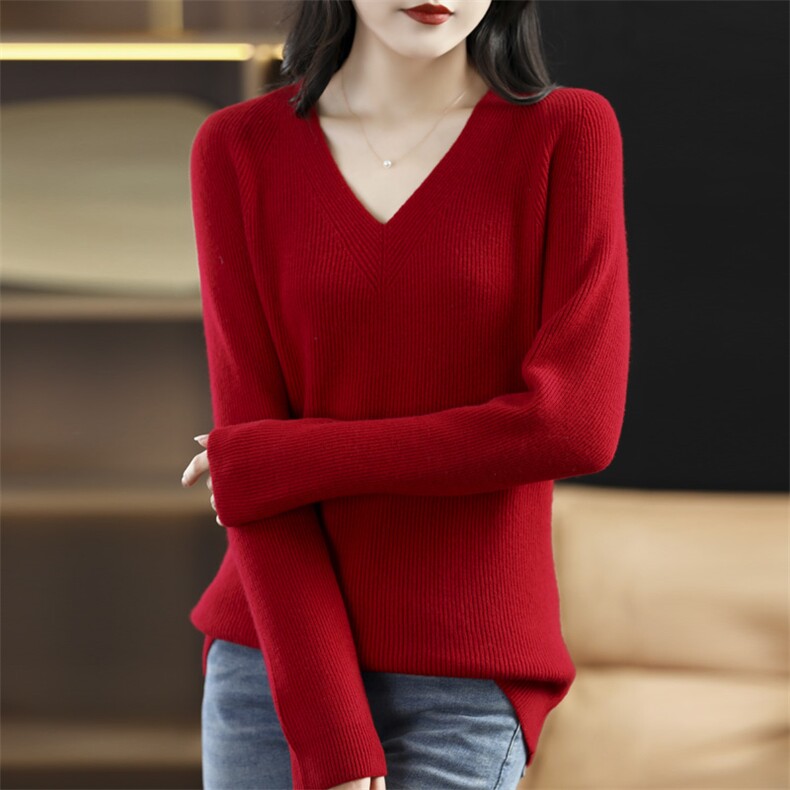 时尚百搭女士秋冬纯毛元宝V领羊毛衫显瘦修身保暖针织衫,女装羊毛衫,洁纯羊绒