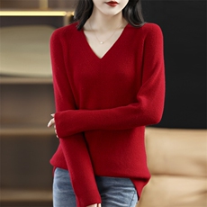 时尚百搭女士秋冬纯毛元宝V领羊毛衫显瘦修身保暖针织衫，女装羊毛衫，洁纯羊绒