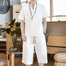 夏季棉麻风V领男装套装七分裤T恤两件套A266-1-TZ6287-P65，男装T恤，电商A266-1