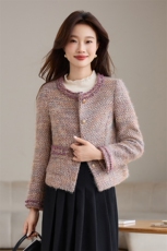 小香风加棉加厚内胆毛呢短外套女2024秋冬圆领毛边设计感气质上衣，女装毛呢外套，婵米儿