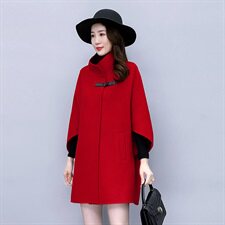 2020冬季新款时尚蝙蝠袖毛呢外套显瘦气质红色大衣，女装毛呢外套，韩宇舍