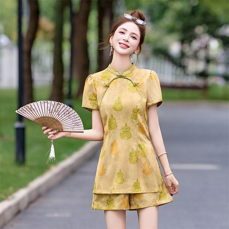 新中式风提花套装女2026夏新款盘扣短袖上衣显瘦高腰短裤两件套,女装套装/套裙,美沁
