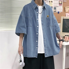 现货2024夏季新款牛仔衬男港风chic盐系衬衣短袖W1008-P42，男装T恤，星座512-3