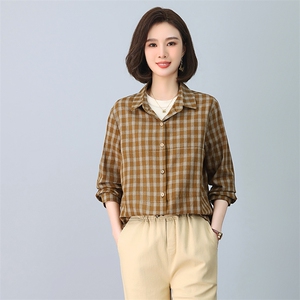 纯棉格子衬衫女春秋薄款2025年新款宽松长袖衬衣时尚休闲外穿上衣图片
