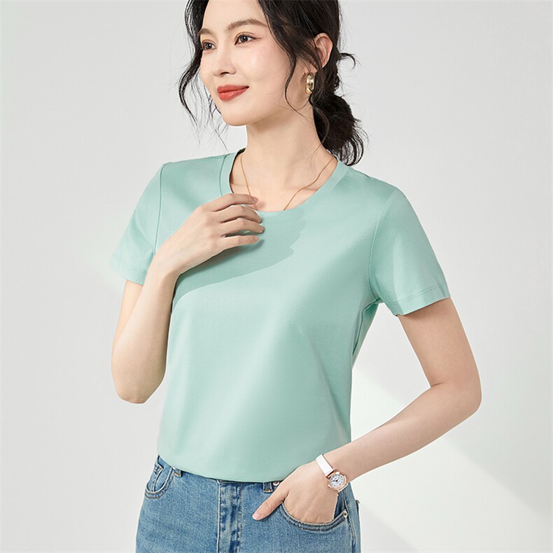 丝光棉t恤女23夏季新款纯色100%纯棉短袖上衣精梳棉纯色体恤定制,女装T恤,硕诚羊绒