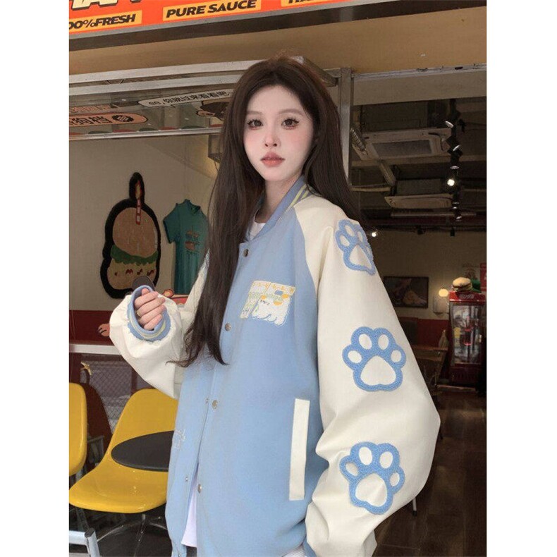 A512-P82 春秋潮流猫咪刺绣撞色棒球服设计感情侣夹克上衣外套图片