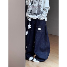 原色口袋字母弯刀牛仔裤男女款多口袋宽松休闲垂感阔腿裤NH8048，男装牛仔裤，星座1116A（原606A-3）