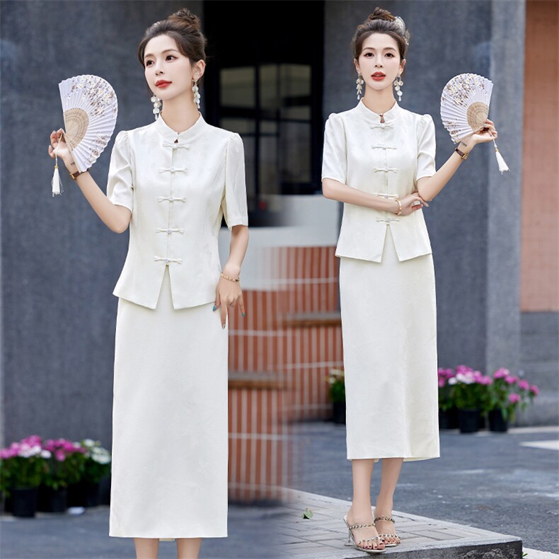 新中式国风职业套装裙子夏季新款气质提花盘扣西装包臀裙两件套女，女装套装/套裙，火爆靓佳人