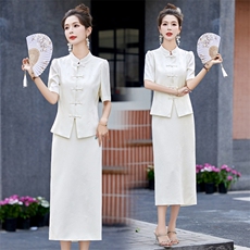 新中式国风职业套装裙子夏季新款气质提花盘扣西装包臀裙两件套女，女装套装/套裙，火爆靓佳人