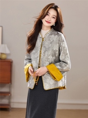 冬季新款加厚棉衣新中式重工提花珍珠扣立领拼接款两面穿外套女，女装棉衣/棉服，央宝儿