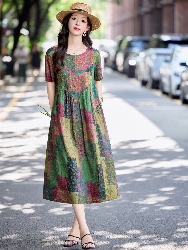 复古印花休闲棉麻连衣裙女2026夏季大码胖mm宽松遮肚显瘦A字裙子,女装连衣裙,倪叶myz