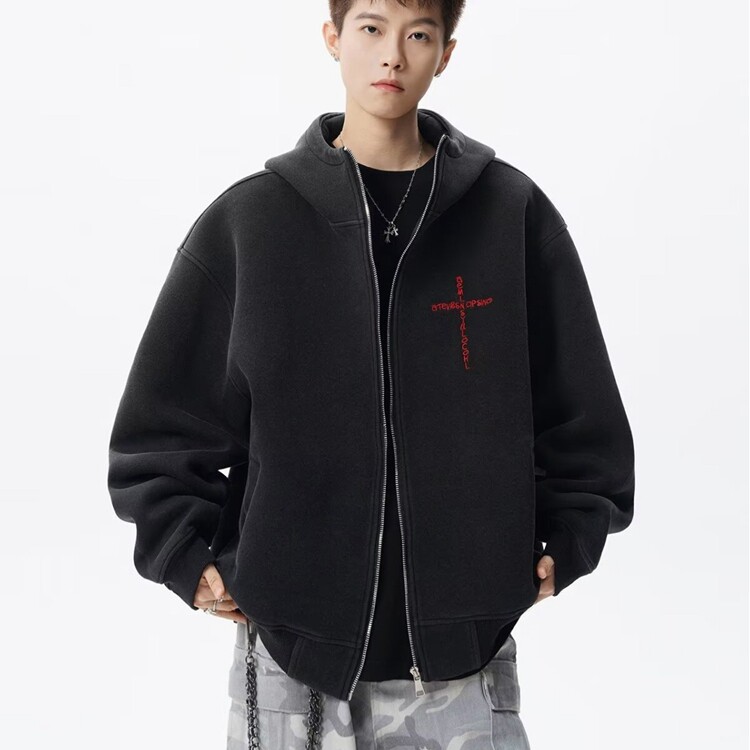 美式慵懒风外套男秋冬季hiphop复古连帽开衫卫衣大码宽松情侣上衣,女装短外套,星座218-8