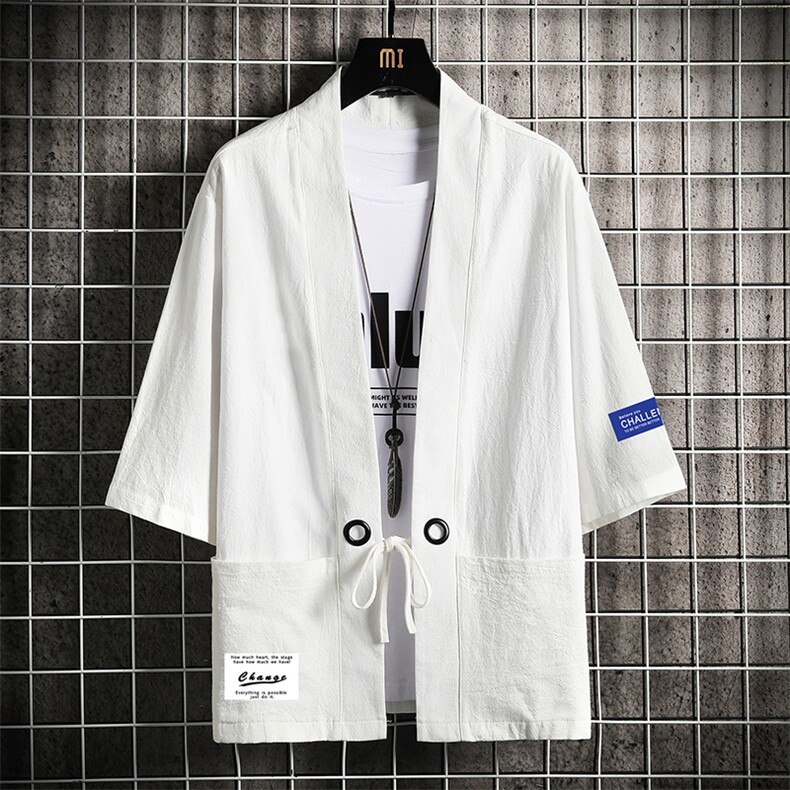 HF59062-P40风汉服男开衫外套七分袖道袍网格挂拍,男装民族服装,电商A040A