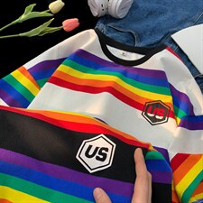 T702-P35情侣装彩虹条纹短袖男t恤女T恤体恤，男装T恤，星座617A-2