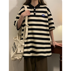 1中性风大码M-5XL美式条纹polo衫女翻领短袖T恤男DP8761P40控59，男装T恤，星座226-2