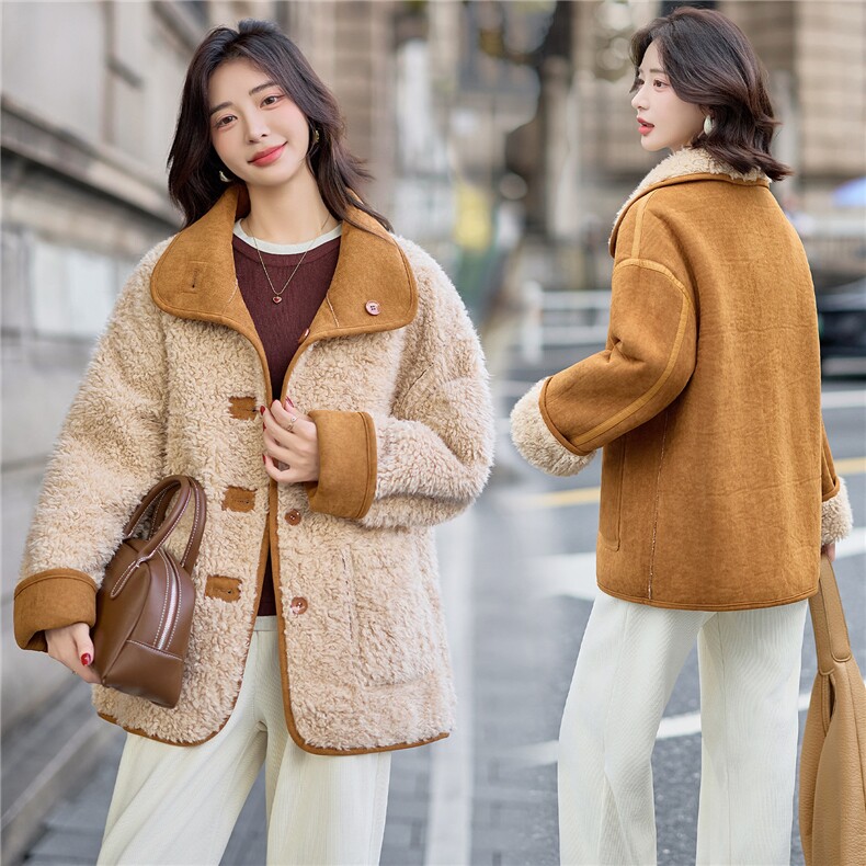 现货！2025冬季新款气质时尚时髦双面穿羊羔毛一体外套，女装羊羔毛/颗粒绒，魅影