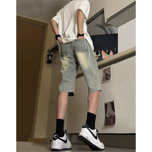 现货 夏季黄泥色牛仔毛边短裤美式宽松五分中裤男 K5811-P35 控58图片