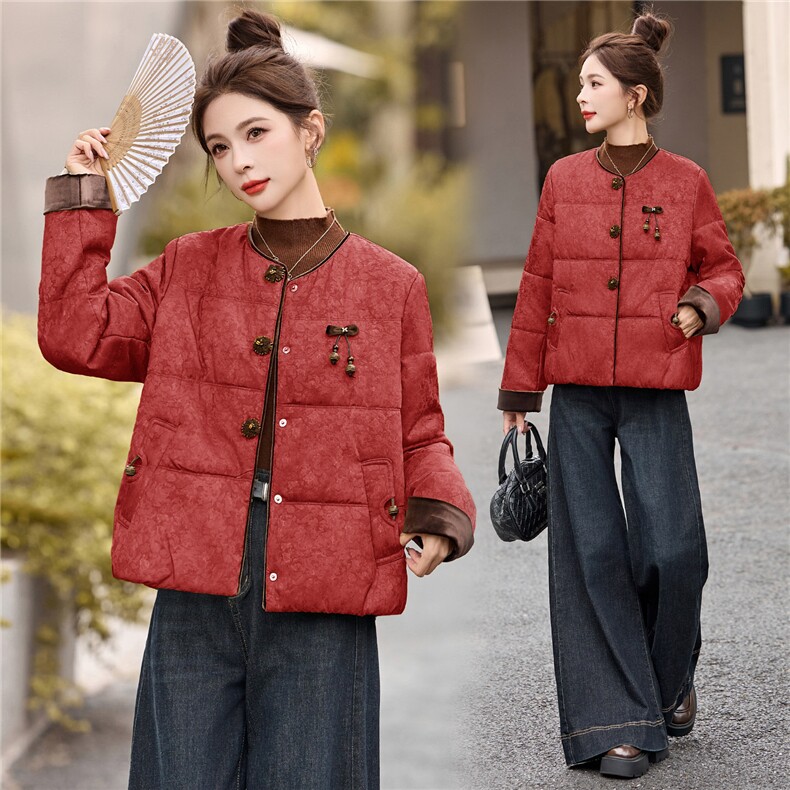 新中式风红色短款羊毛棉衣女2025冬季新款毛绒拼接显瘦保暖外套，女装棉衣/棉服，悠米