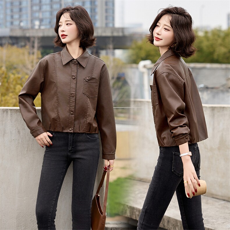 2025春秋季新款皮衣外套女pu皮翻领短款上衣拉链高级感机车服夹克,女装皮衣,江南女神