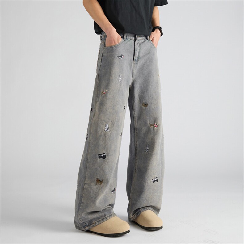 春季新款小狗刺绣牛仔裤男女美式复古水洗做旧直筒裤潮N3102-P50，男装牛仔裤，星座308B-1