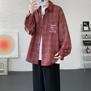 衬衫男秋季新款港风宽松大码刺绣格子衬衣CS121-P35图片