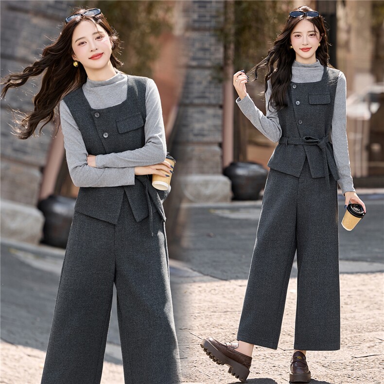 巨好看的秋装三件套女高级感新款轻熟复古气质显瘦马甲阔腿裤套装，女装套装/套裙，冬木谷雨