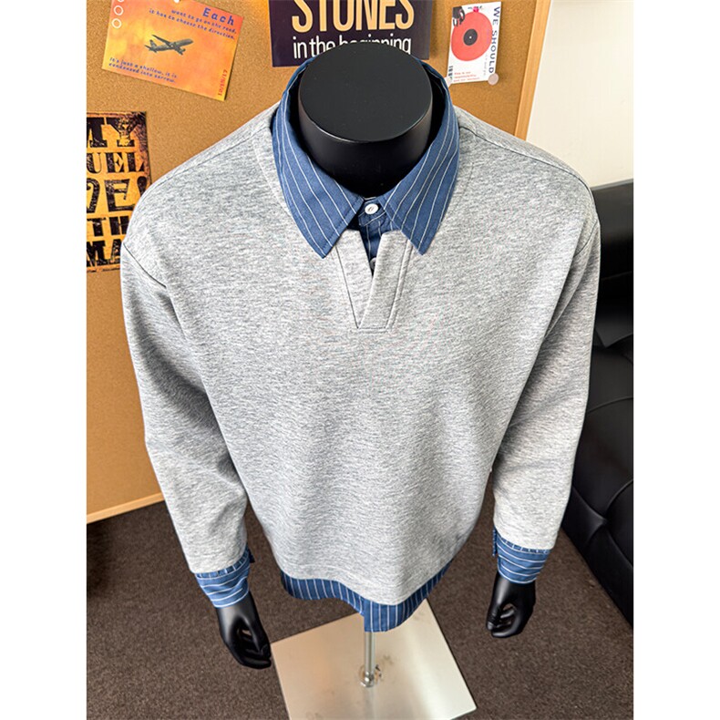 特批P38无差价2025春假两件亨利领男大码休闲拼接条纹卫衣W5019，男装卫衣，电商A001