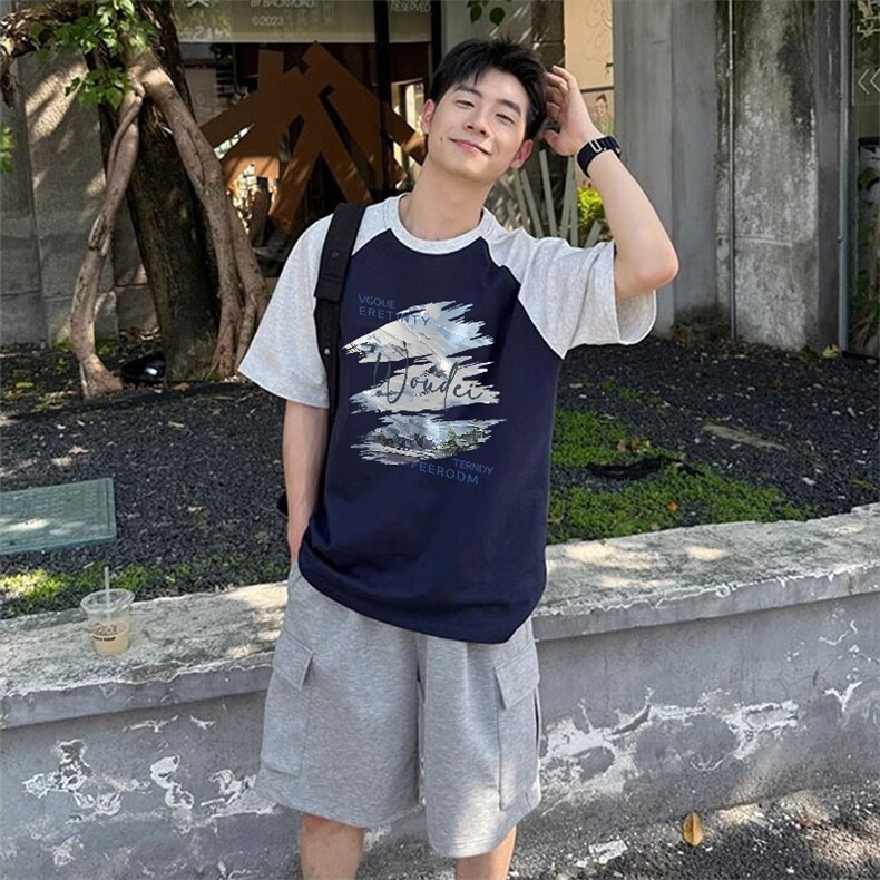 抖音得物高品质二开240克宽松纯棉美式潮牌插肩袖拼接短袖T恤,男装T恤,电商A486-1