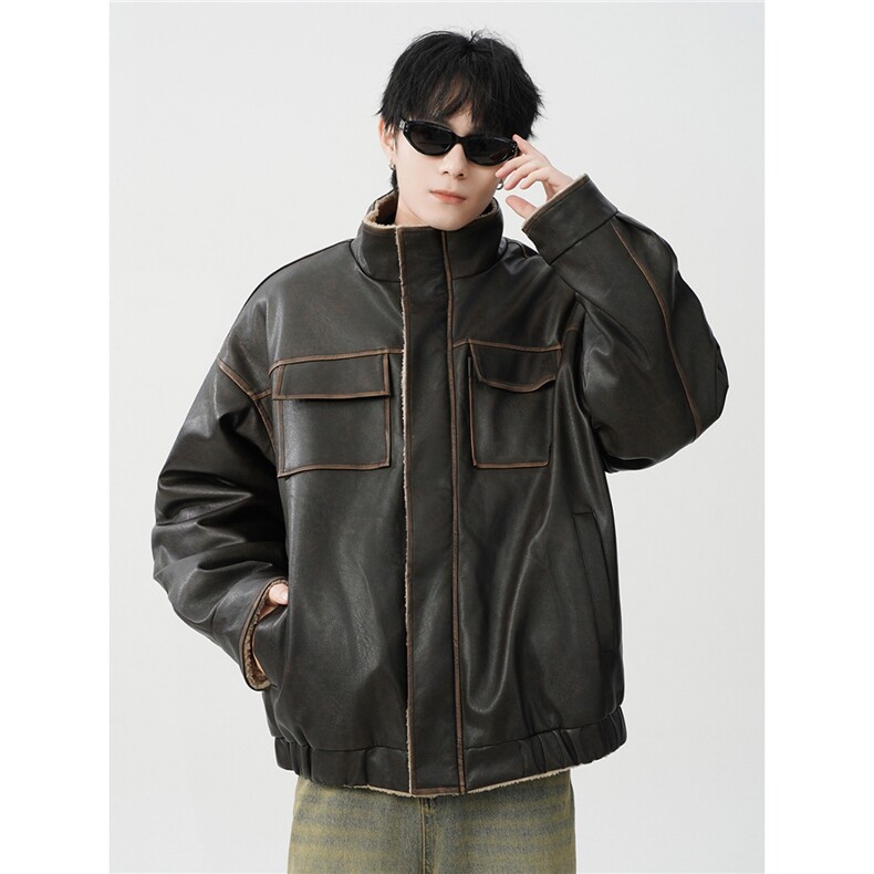 美式美拉德羊羔绒夹克棉服男女冬季新款宽松夹棉加厚工装PU皮外套,男装夹克,星座715-4