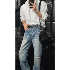 简约假两件拼接设计感衬衫百搭宽松休闲男衬衣CS200-P55，男装衬衫，星座208-5