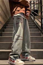 港风潮流宽松个性百搭牛仔裤男女美式高街直筒休闲裤NK169/P39，男装牛仔裤，电商D202-1