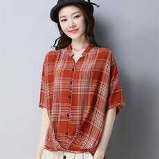 衬衫涤纶格子排多扣2021年夏季五分袖直筒纽扣咖啡色舒适修身，女装T恤，丽影随形