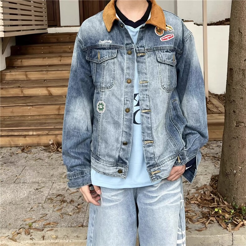 水洗贴标翻领牛仔夹克男女情侣街头上衣潮休闲外套潮流JK8646，男装工装外套，星座516A