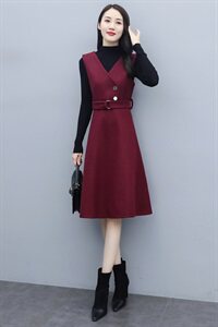 2021春秋款款小香风个性减龄连衣裙长袖纯色雅显瘦两件套图片