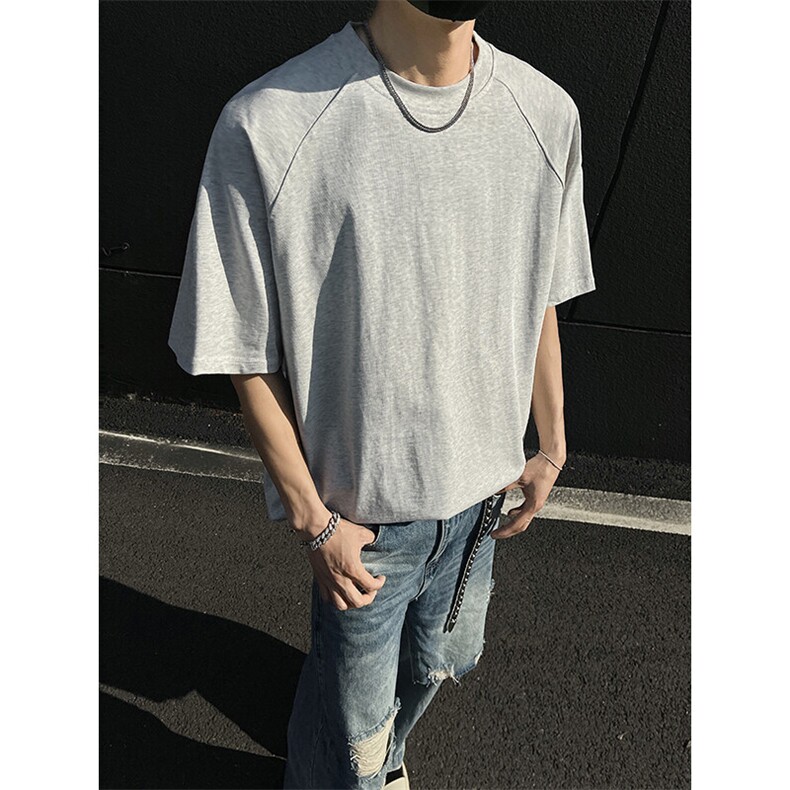 得物抖音高品质260克重磅宽松纯棉纯色双纱牛角插肩袖短袖T恤DT22,男装T恤,电商A486-1